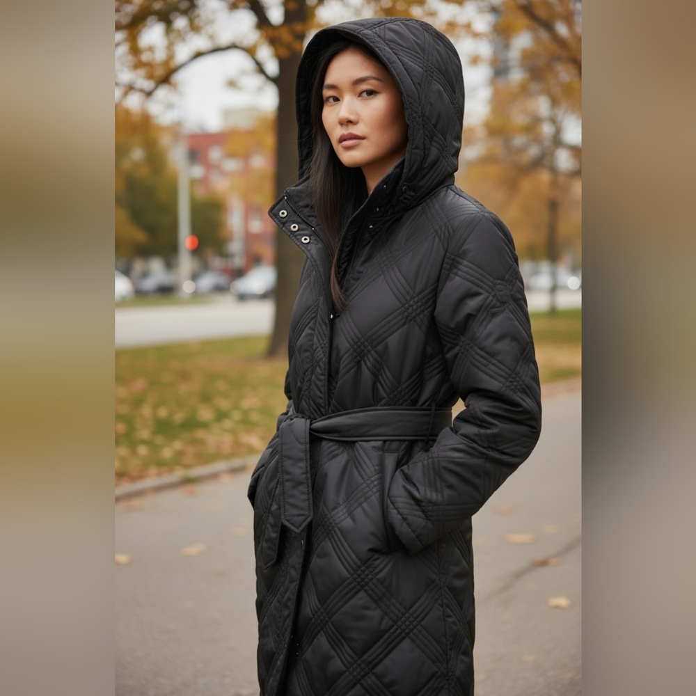 Jones New York Black Quilted Hooded Belted Puffer Coat